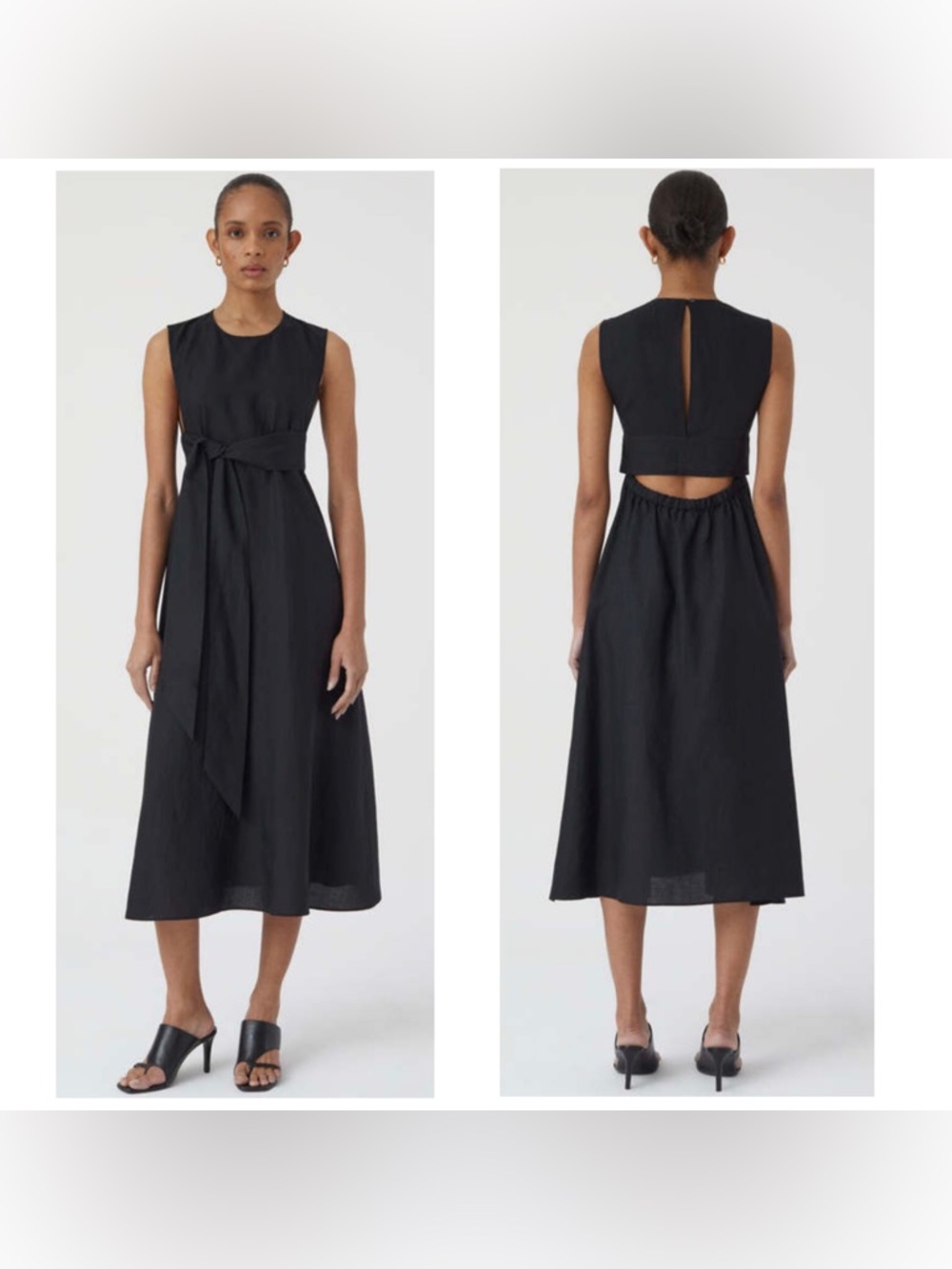 CLOSED Black Sleeveless Midi Dress Open Back Waist Tie Detail Linen Blend Medium